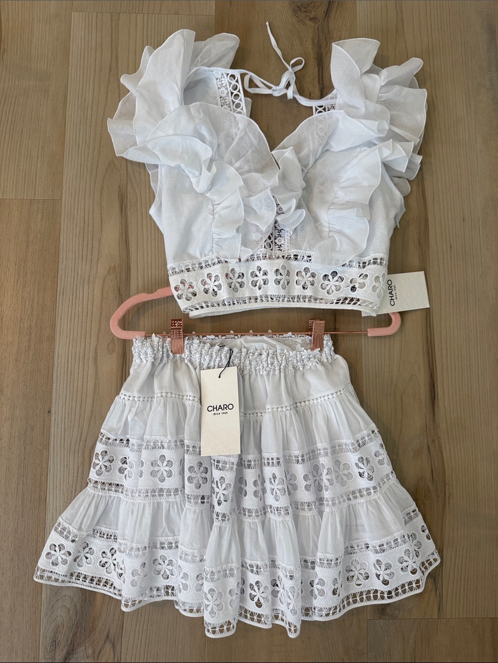 Charo Ruiz White Eyelet Lace Crop Top and Mini Skirt Set